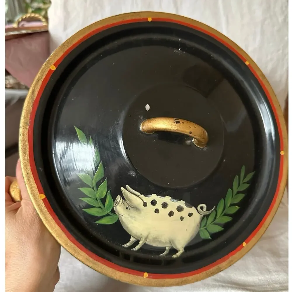 Emma Hunk Hand Painted Enamel Pot PIGS, 2000 vintage black Gold Handles 6.5x10”
